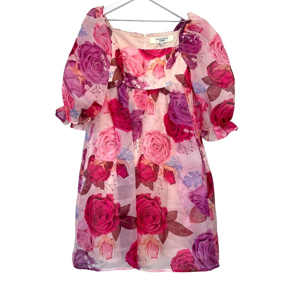 JessaKae Polly Dress Pink Floral Organza Puff Sleeve Size M
